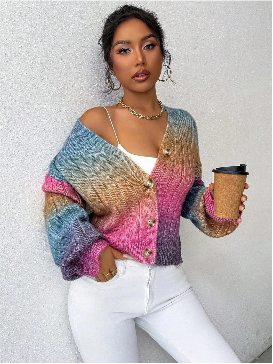 GORGLITTER Women's Colorful Button Up Cardigan Sweater Long Sleeve V Neck Cute Cropped Knit Cardigan
