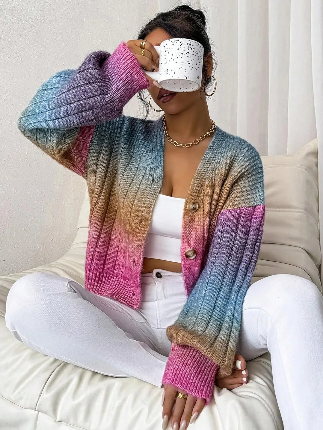 GORGLITTER Women's Colorful Button Up Cardigan Sweater Long Sleeve V Neck Cute Cropped Knit Cardigan