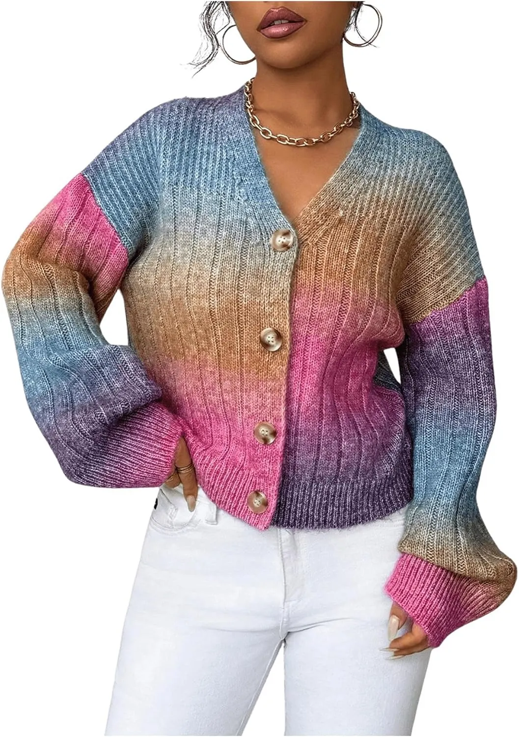 GORGLITTER Women's Colorful Button Up Cardigan Sweater Long Sleeve V Neck Cute Cropped Knit Cardigan