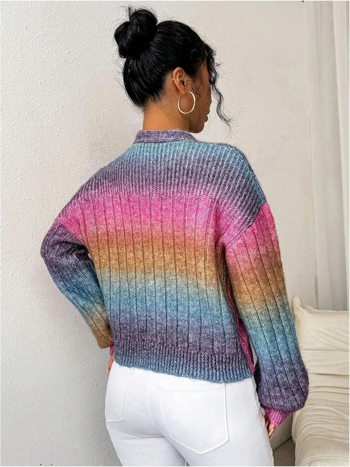 GORGLITTER Women's Colorful Button Up Cardigan Sweater Long Sleeve V Neck Cute Cropped Knit Cardigan