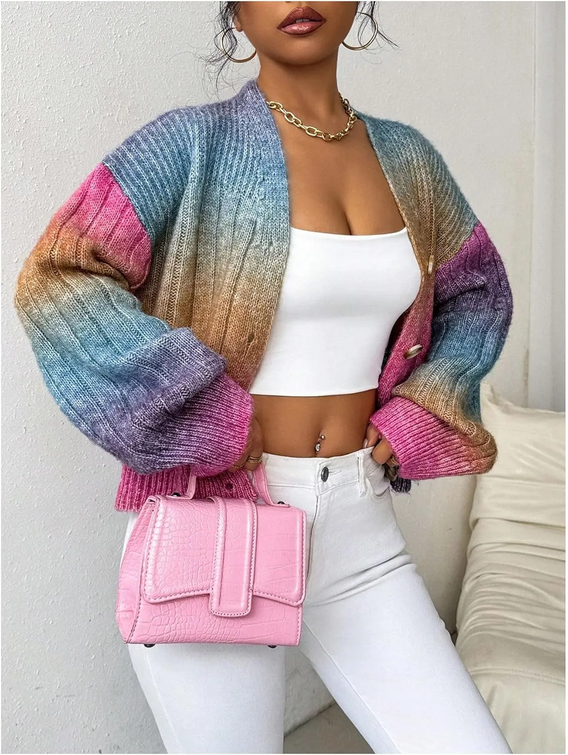 GORGLITTER Women's Colorful Button Up Cardigan Sweater Long Sleeve V Neck Cute Cropped Knit Cardigan