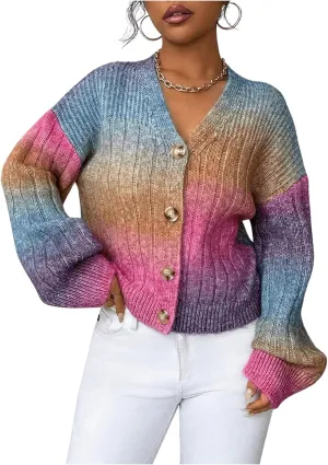 GORGLITTER Women's Colorful Button Up Cardigan Sweater Long Sleeve V Neck Cute Cropped Knit Cardigan