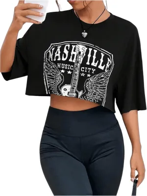 GORGLITTER Women's Graphic Oversized Crop Tops Vintage Half Sleeve Crewneck Drop Shoulder Jersey T Shirt