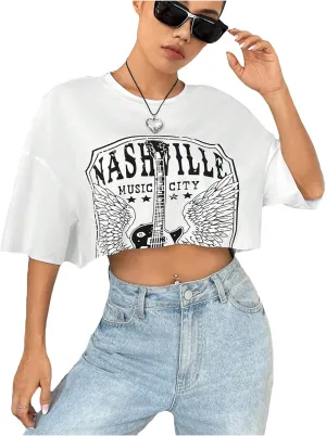 GORGLITTER Women's Graphic Oversized Crop Tops Vintage Half Sleeve Crewneck Drop Shoulder Jersey T Shirt