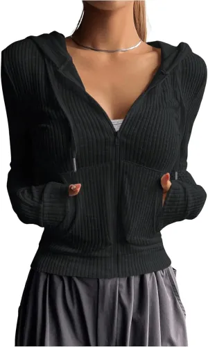 GORGLITTER Women's Lightweight Zip Up Hoodie Drawstring Long Sleeve Cropped Jacket