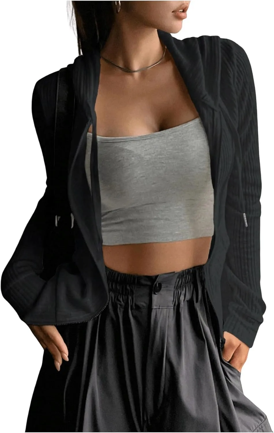GORGLITTER Women's Lightweight Zip Up Hoodie Drawstring Long Sleeve Cropped Jacket