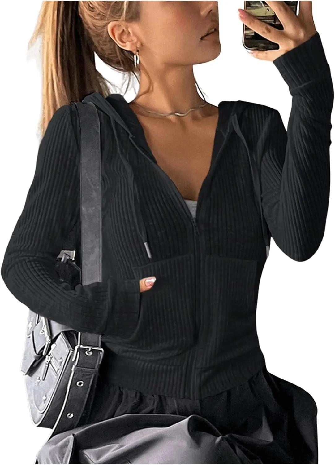 GORGLITTER Women's Lightweight Zip Up Hoodie Drawstring Long Sleeve Cropped Jacket
