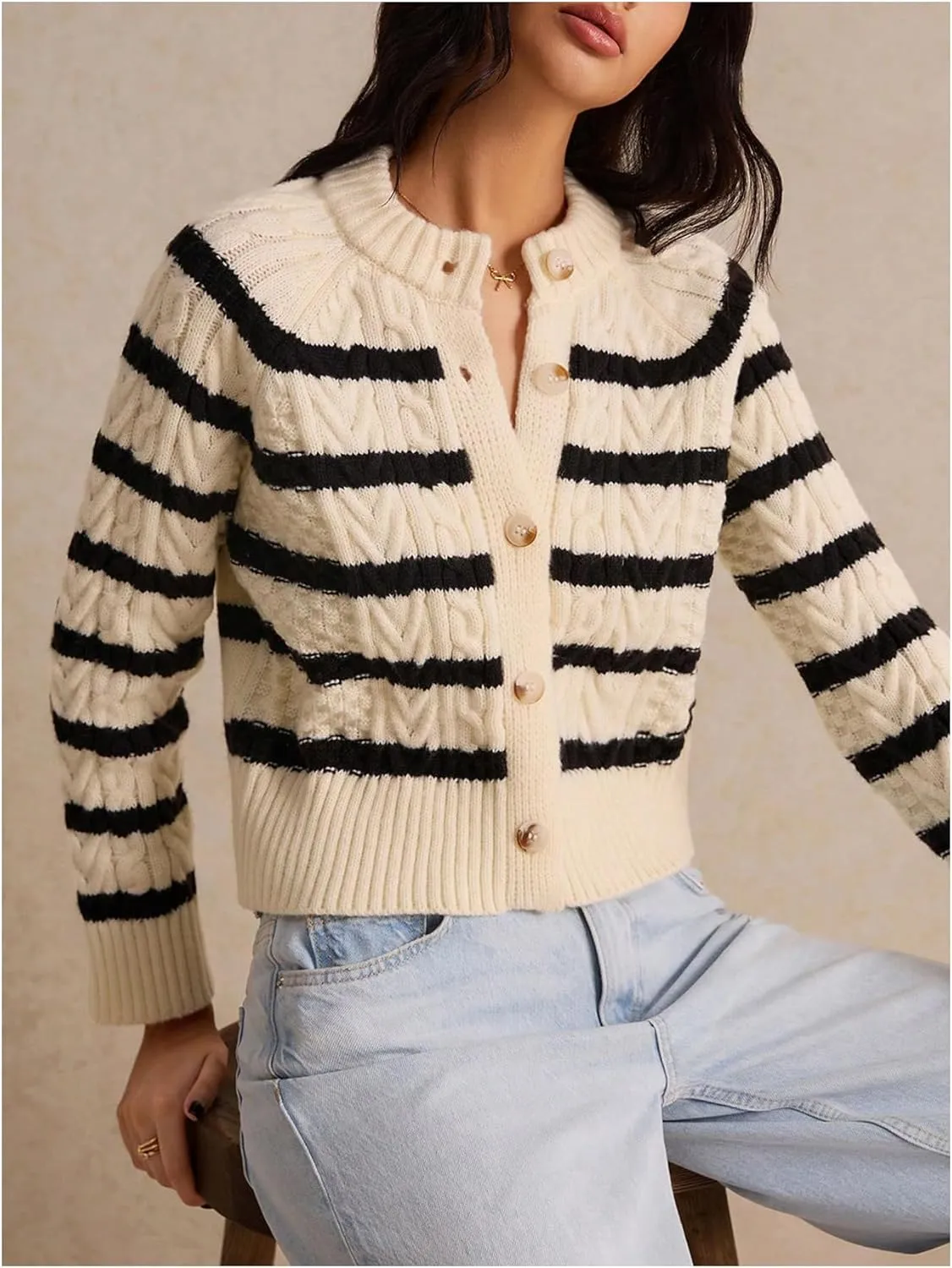 GORGLITTER Women's Striped Sweater Cardigan Crewneck Button Down Long Sleeve Casual Knit Cropped Cardigan 2024 Trendy