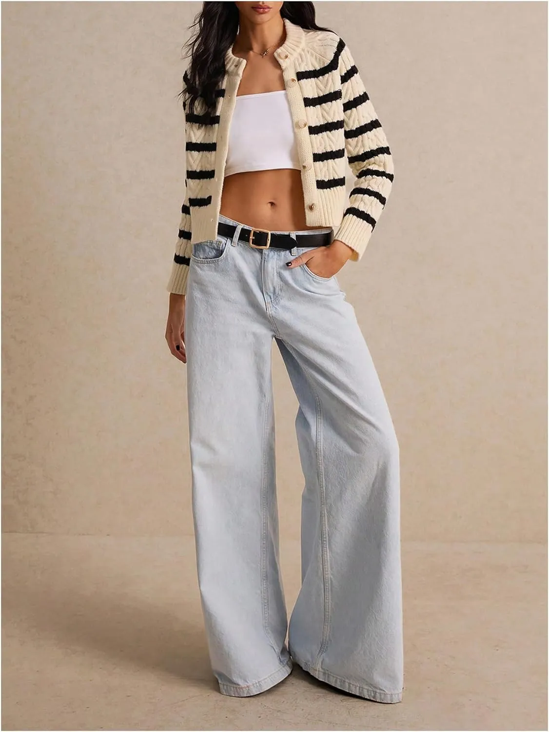 GORGLITTER Women's Striped Sweater Cardigan Crewneck Button Down Long Sleeve Casual Knit Cropped Cardigan 2024 Trendy