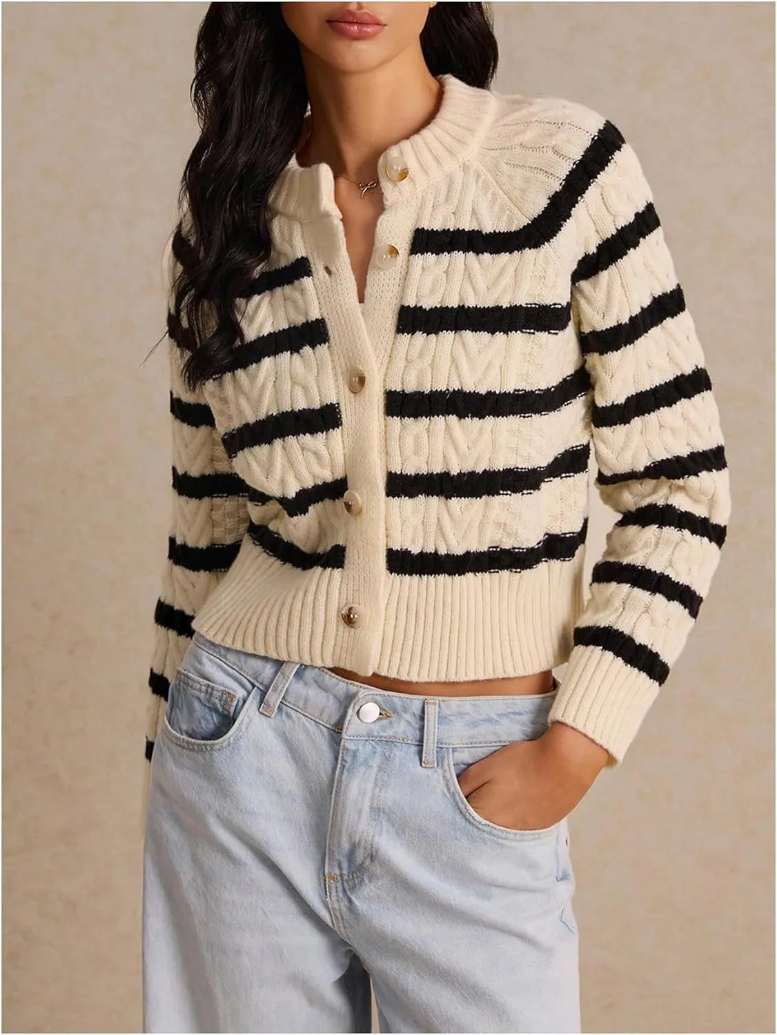GORGLITTER Women's Striped Sweater Cardigan Crewneck Button Down Long Sleeve Casual Knit Cropped Cardigan 2024 Trendy