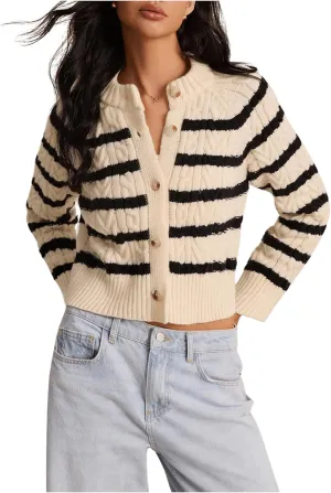 GORGLITTER Women's Striped Sweater Cardigan Crewneck Button Down Long Sleeve Casual Knit Cropped Cardigan 2024 Trendy