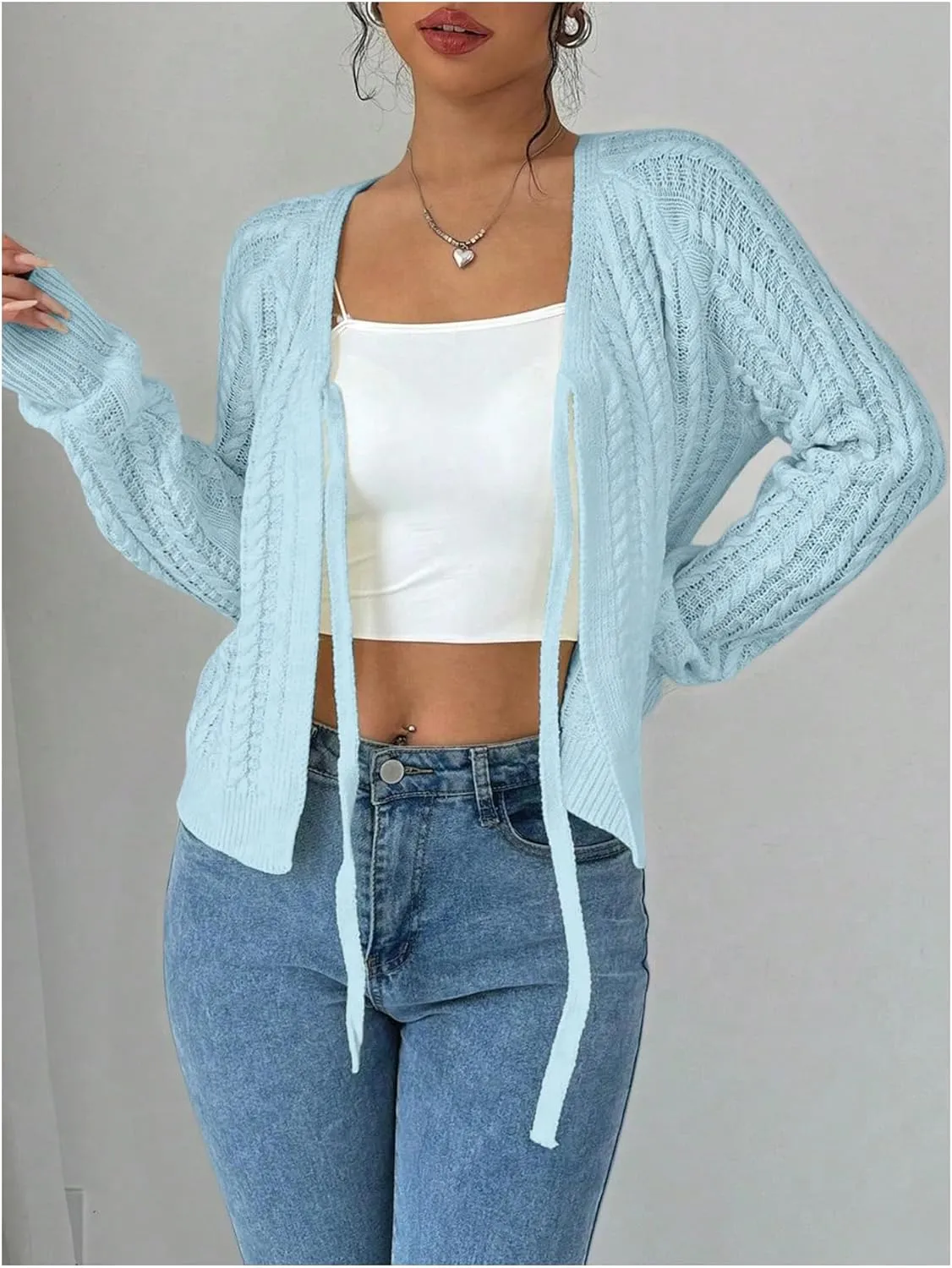 GORGLITTER Women's White Cropped Cardigan Tie Front Cardigan Cable Knit Sweater