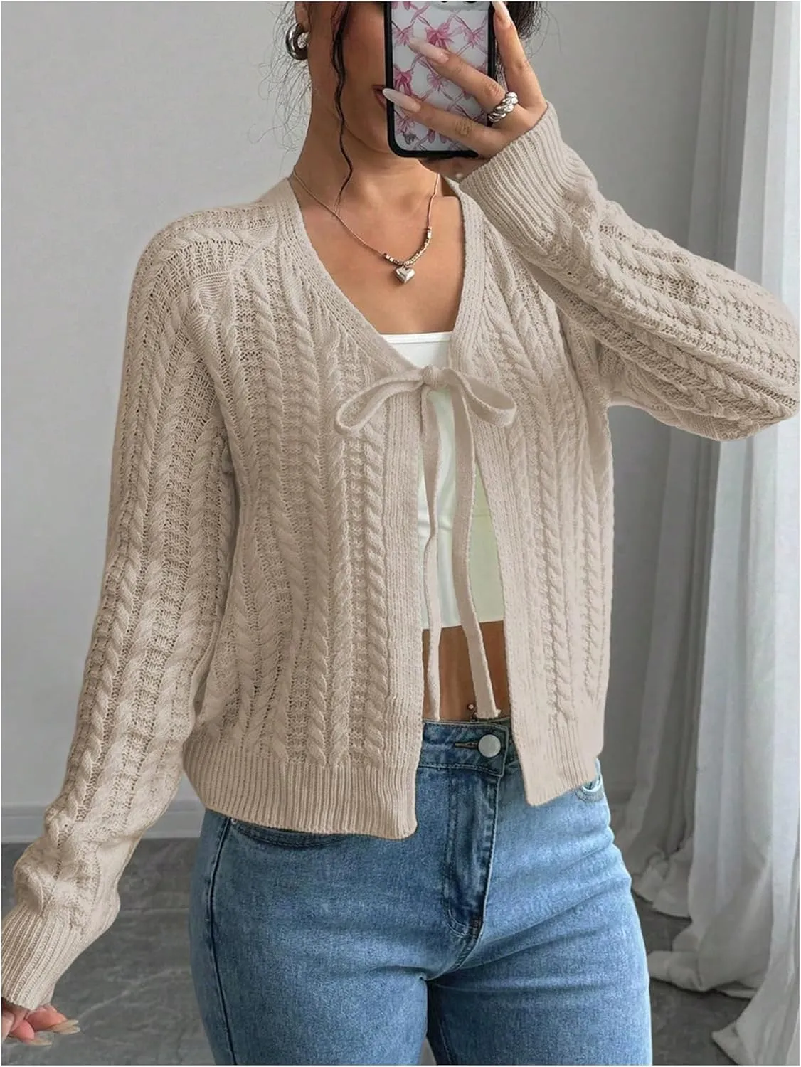 GORGLITTER Women's White Cropped Cardigan Tie Front Cardigan Cable Knit Sweater
