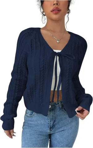GORGLITTER Women's White Cropped Cardigan Tie Front Cardigan Cable Knit Sweater