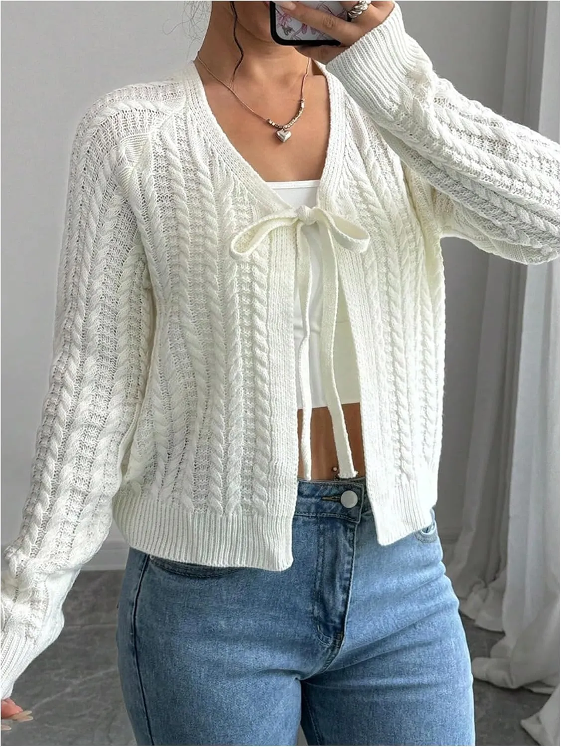 GORGLITTER Women's White Cropped Cardigan Tie Front Cardigan Cable Knit Sweater