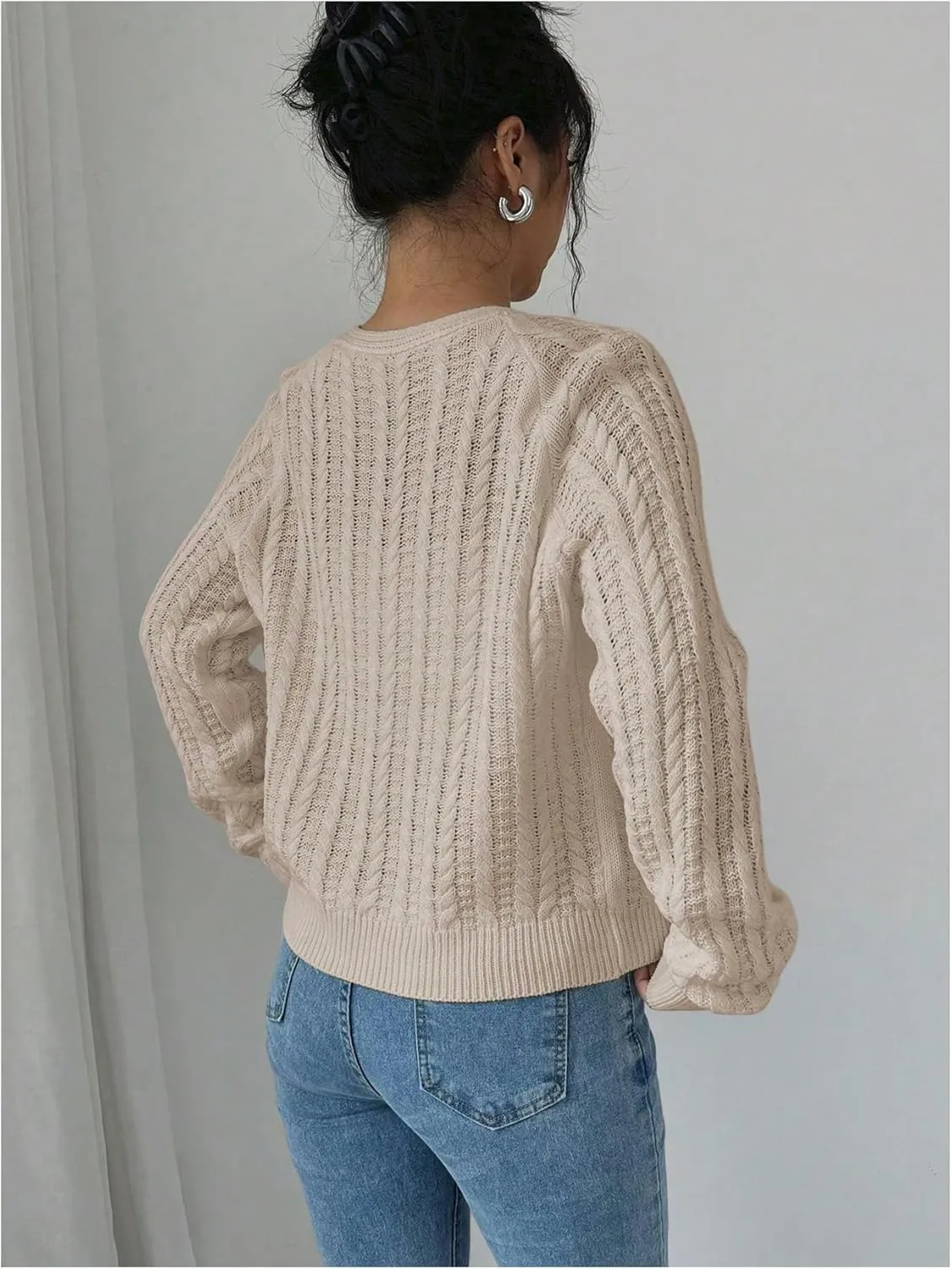 GORGLITTER Women's White Cropped Cardigan Tie Front Cardigan Cable Knit Sweater