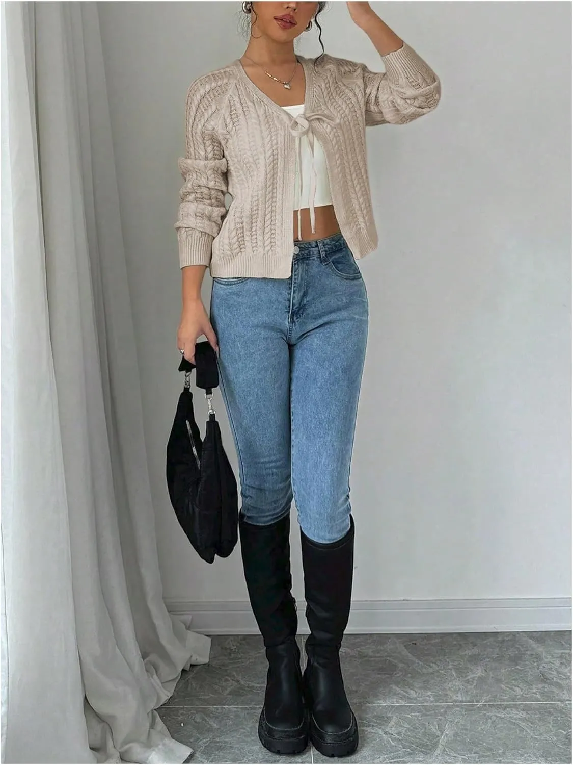 GORGLITTER Women's White Cropped Cardigan Tie Front Cardigan Cable Knit Sweater