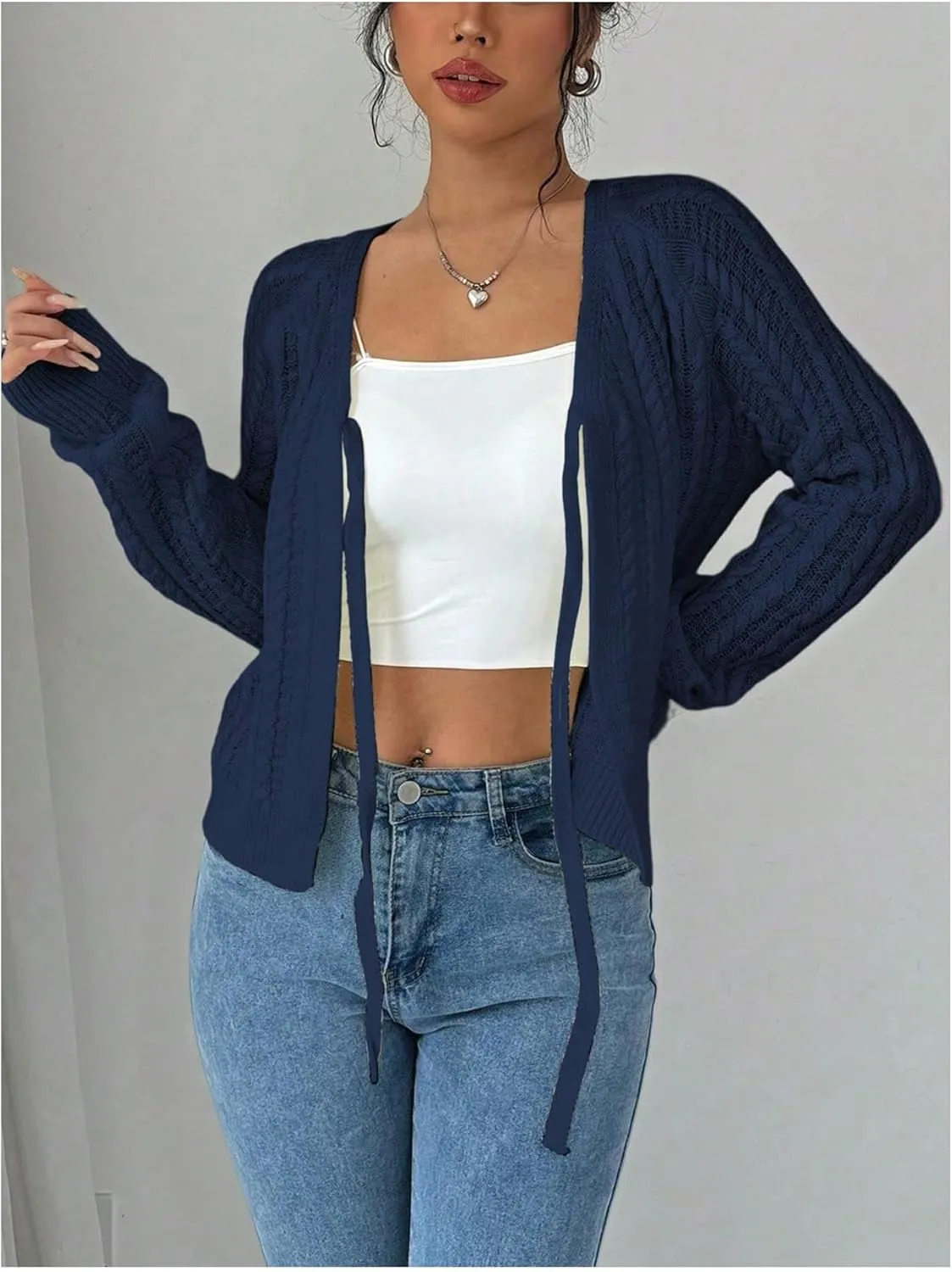 GORGLITTER Women's White Cropped Cardigan Tie Front Cardigan Cable Knit Sweater