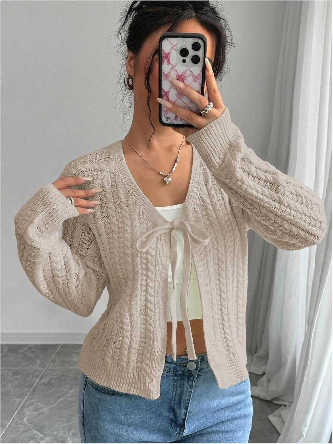 GORGLITTER Women's White Cropped Cardigan Tie Front Cardigan Cable Knit Sweater
