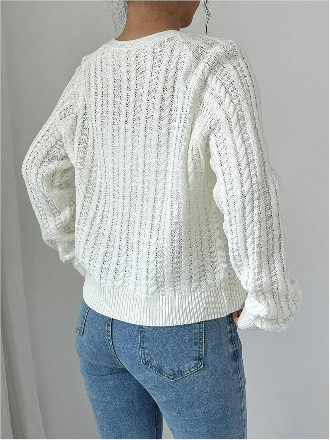 GORGLITTER Women's White Cropped Cardigan Tie Front Cardigan Cable Knit Sweater