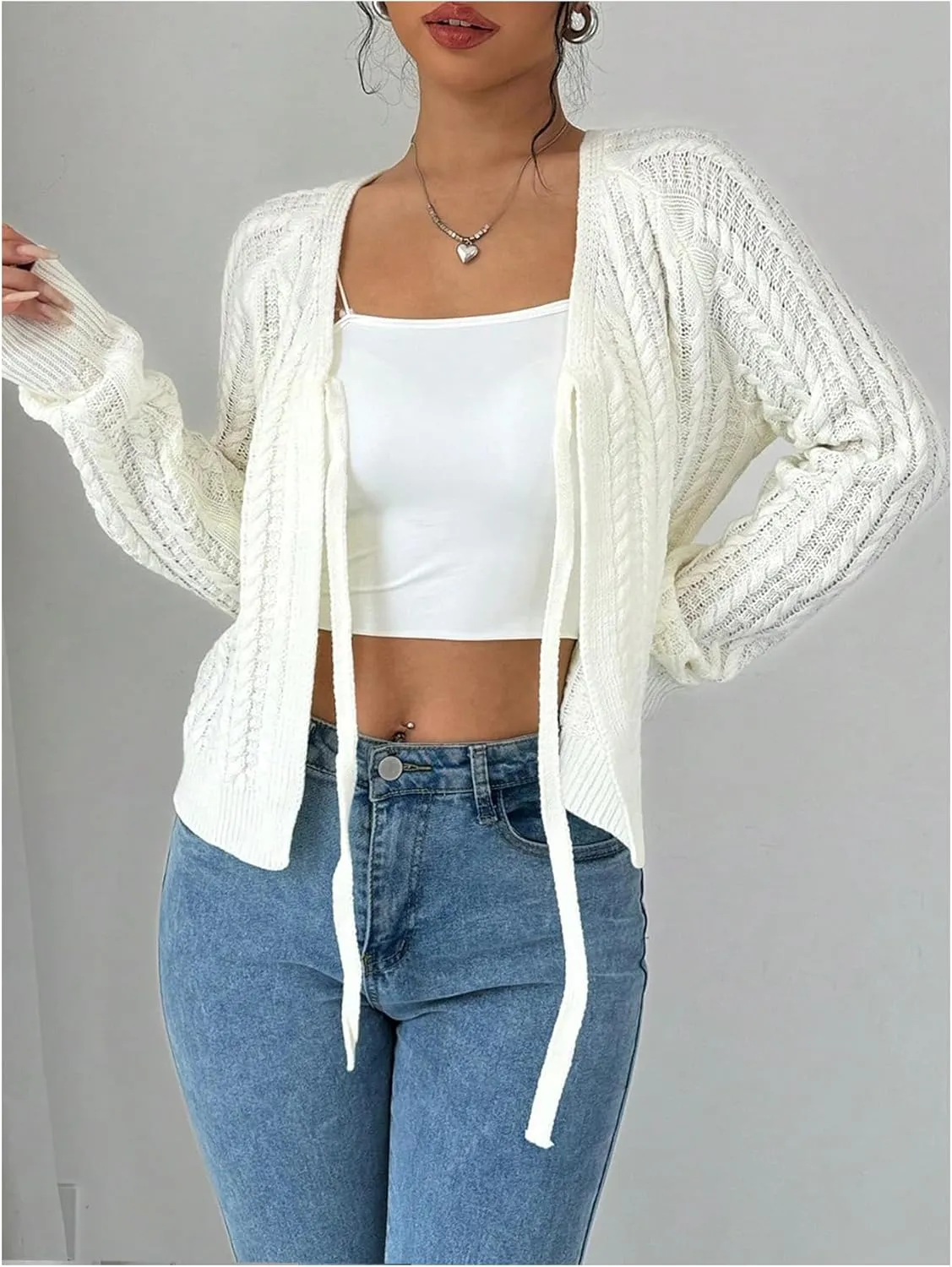 GORGLITTER Women's White Cropped Cardigan Tie Front Cardigan Cable Knit Sweater