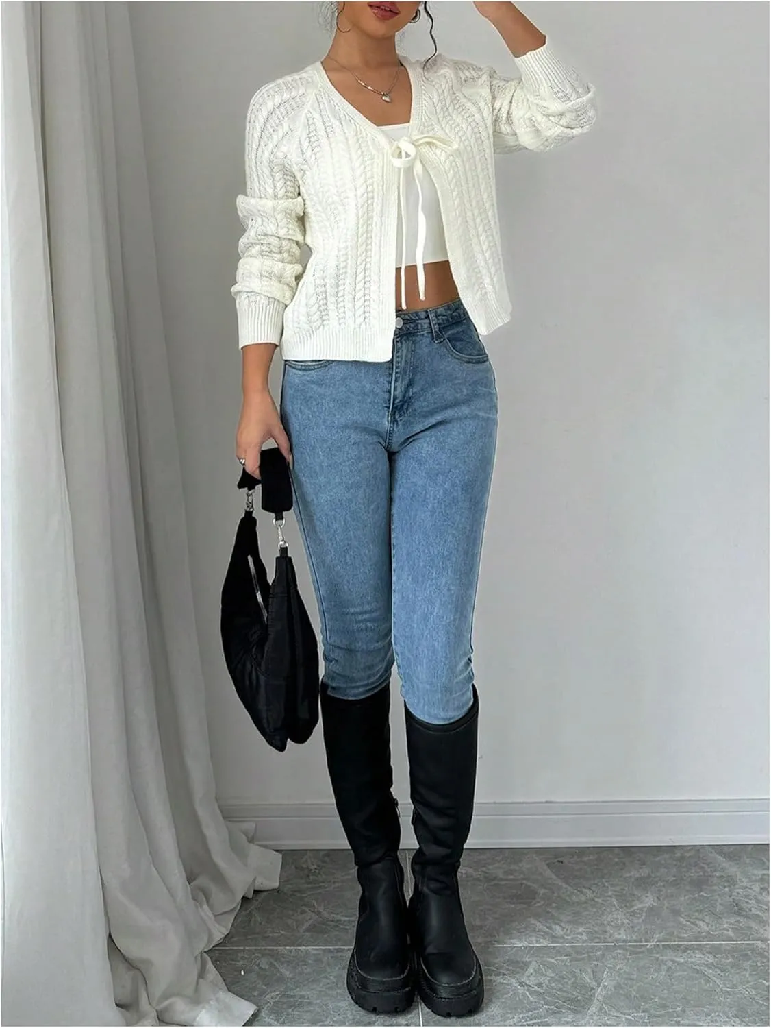 GORGLITTER Women's White Cropped Cardigan Tie Front Cardigan Cable Knit Sweater
