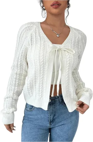 GORGLITTER Women's White Cropped Cardigan Tie Front Cardigan Cable Knit Sweater