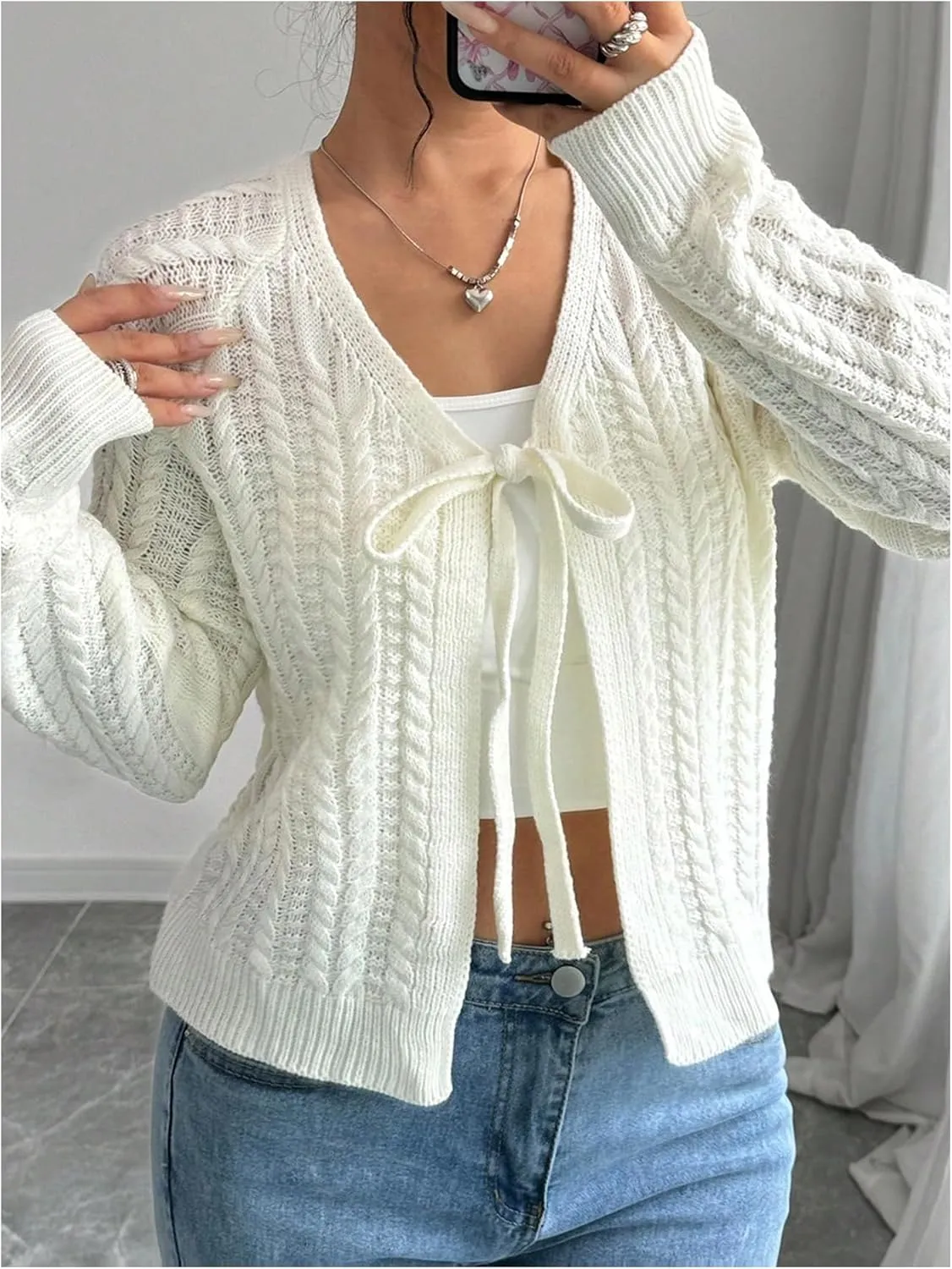 GORGLITTER Women's White Cropped Cardigan Tie Front Cardigan Cable Knit Sweater
