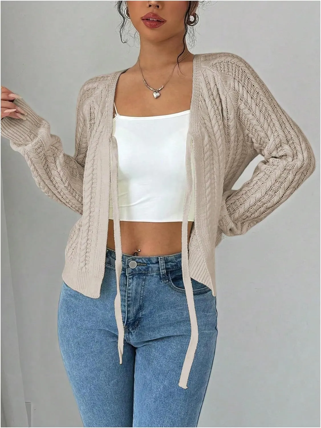 GORGLITTER Women's White Cropped Cardigan Tie Front Cardigan Cable Knit Sweater
