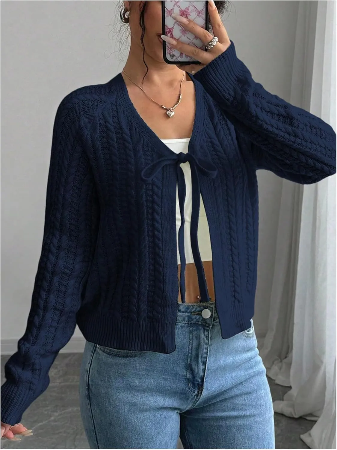 GORGLITTER Women's White Cropped Cardigan Tie Front Cardigan Cable Knit Sweater