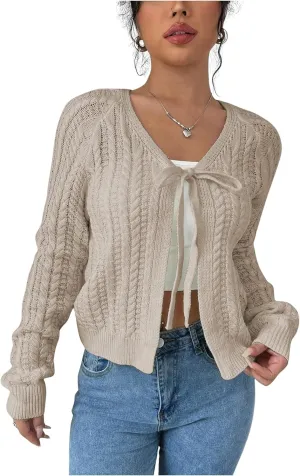 GORGLITTER Women's White Cropped Cardigan Tie Front Cardigan Cable Knit Sweater