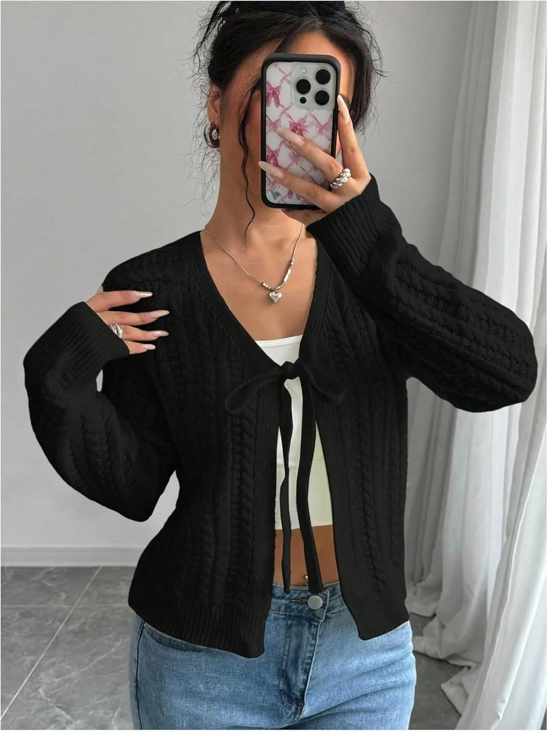 GORGLITTER Women's White Cropped Cardigan Tie Front Cardigan Cable Knit Sweater