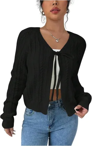 GORGLITTER Women's White Cropped Cardigan Tie Front Cardigan Cable Knit Sweater