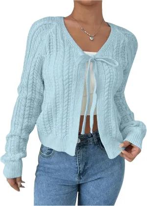 GORGLITTER Women's White Cropped Cardigan Tie Front Cardigan Cable Knit Sweater