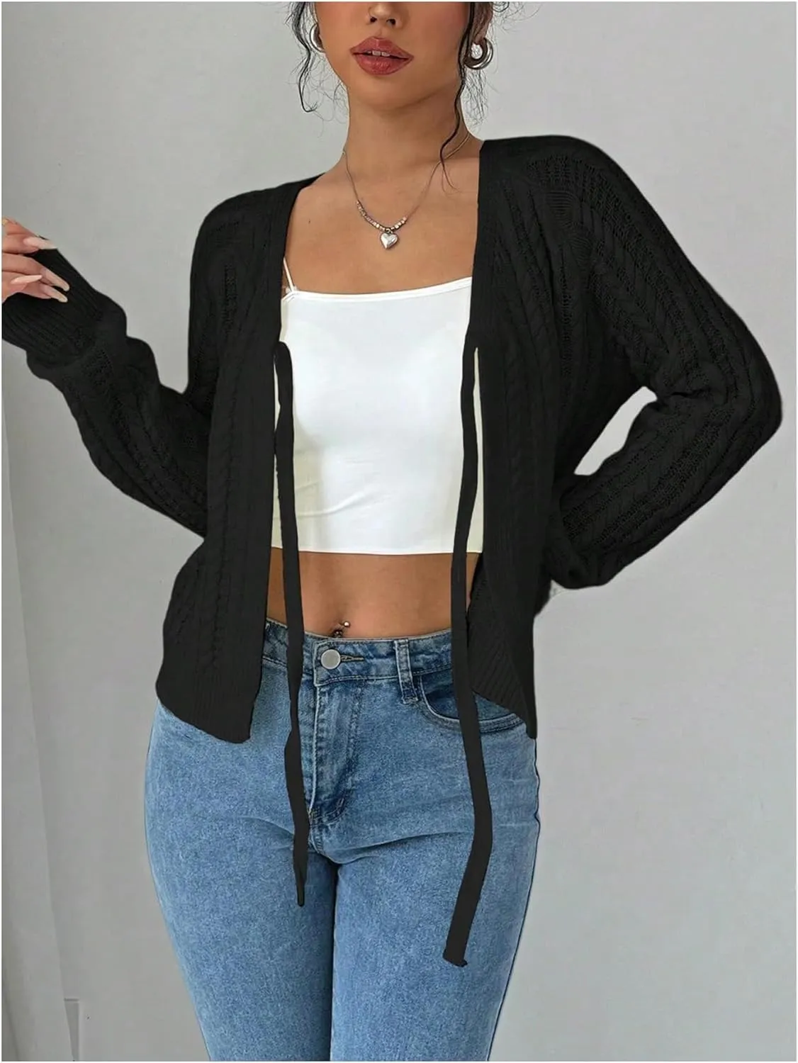 GORGLITTER Women's White Cropped Cardigan Tie Front Cardigan Cable Knit Sweater