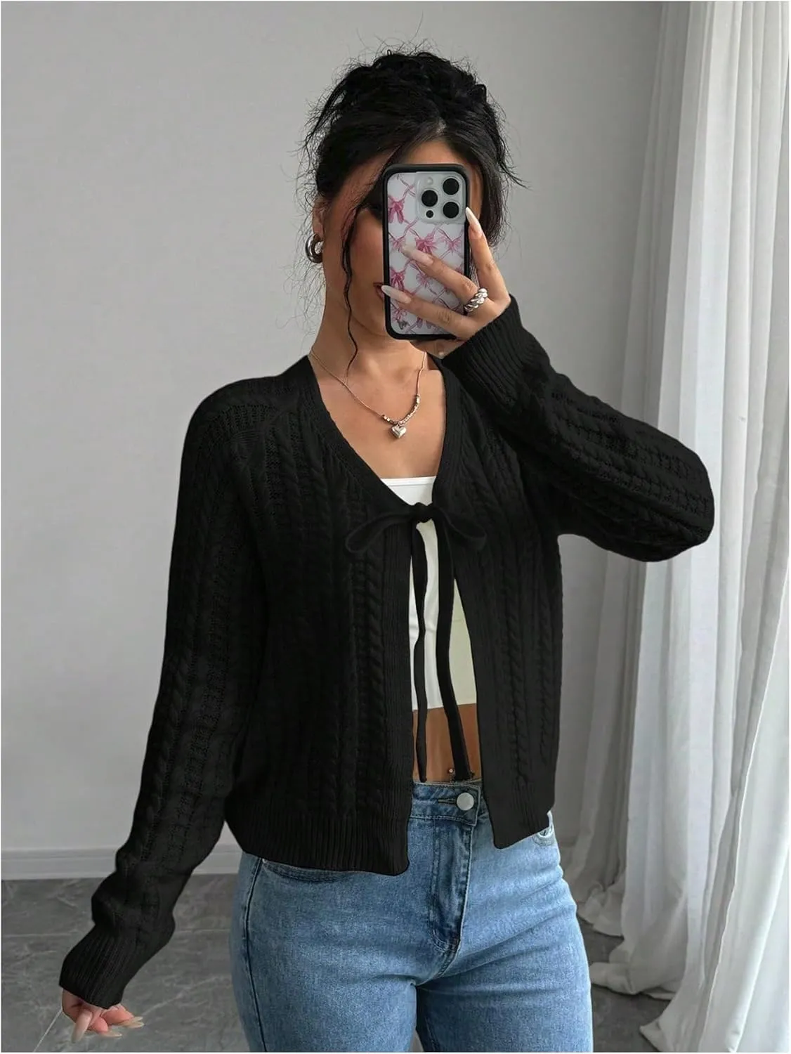 GORGLITTER Women's White Cropped Cardigan Tie Front Cardigan Cable Knit Sweater