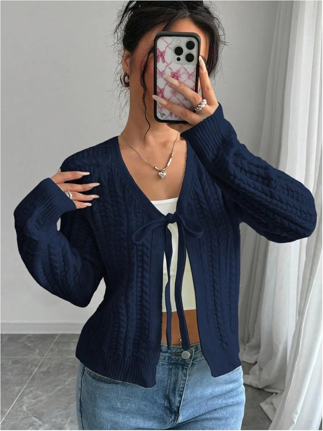 GORGLITTER Women's White Cropped Cardigan Tie Front Cardigan Cable Knit Sweater