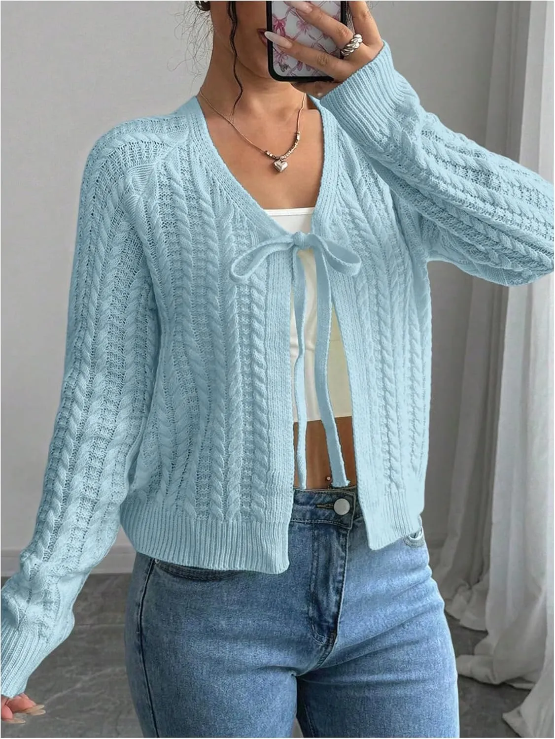 GORGLITTER Women's White Cropped Cardigan Tie Front Cardigan Cable Knit Sweater
