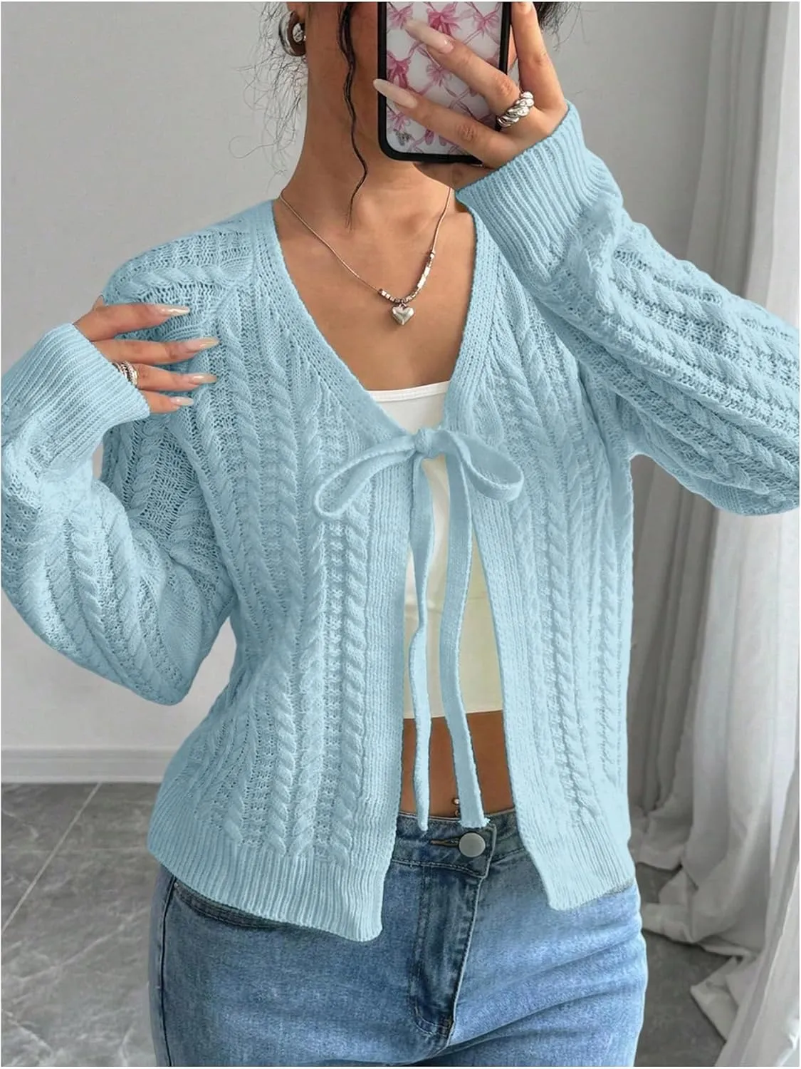 GORGLITTER Women's White Cropped Cardigan Tie Front Cardigan Cable Knit Sweater