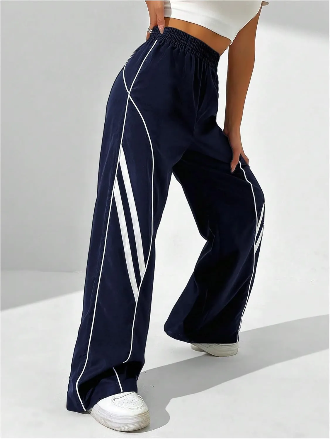 GORGLITTER Women's Y2k Elastic High Waisted Baggy Track Pants Vintage Wide Leg Parachute Trousers