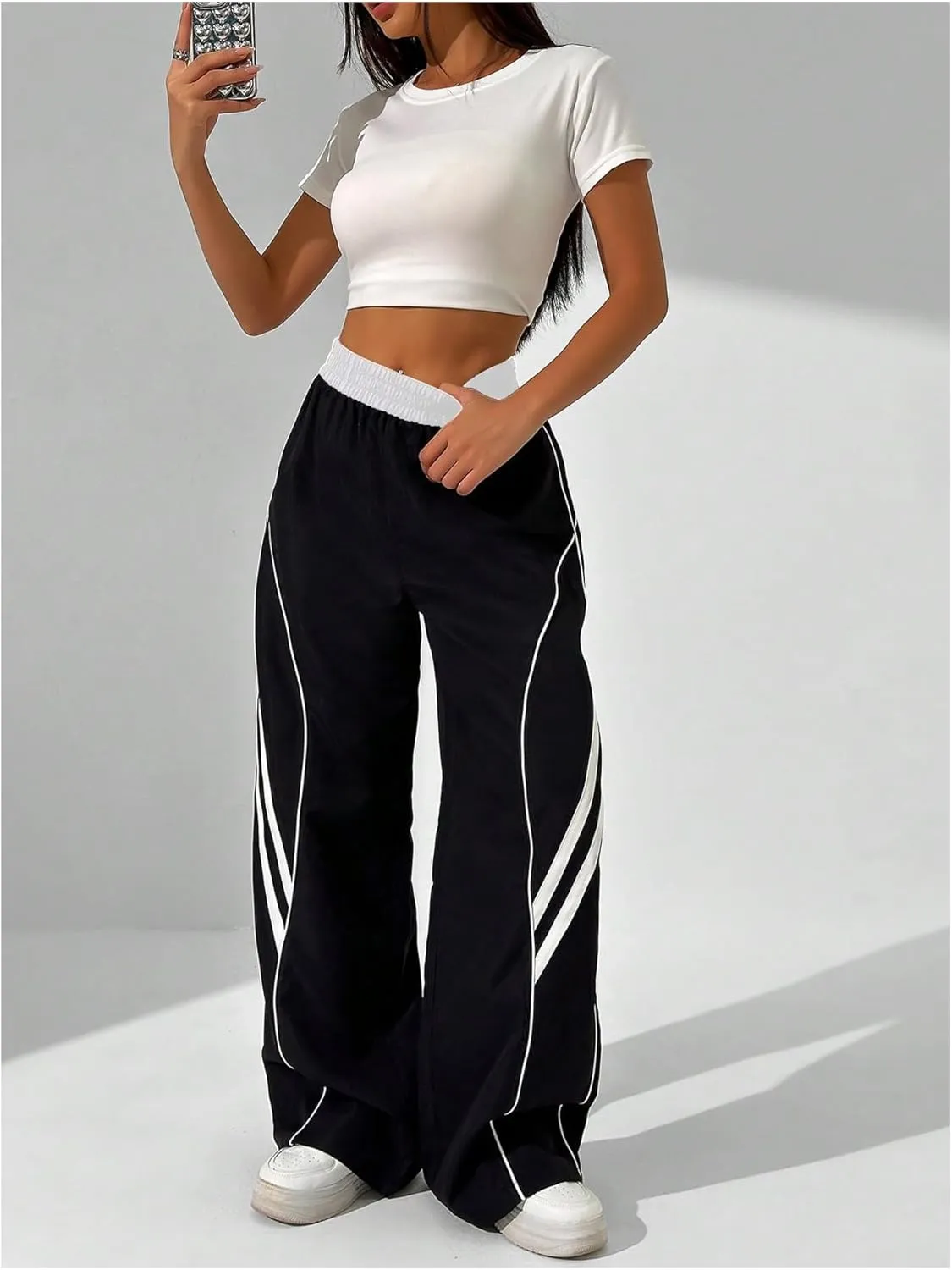 GORGLITTER Women's Y2k Elastic High Waisted Baggy Track Pants Vintage Wide Leg Parachute Trousers