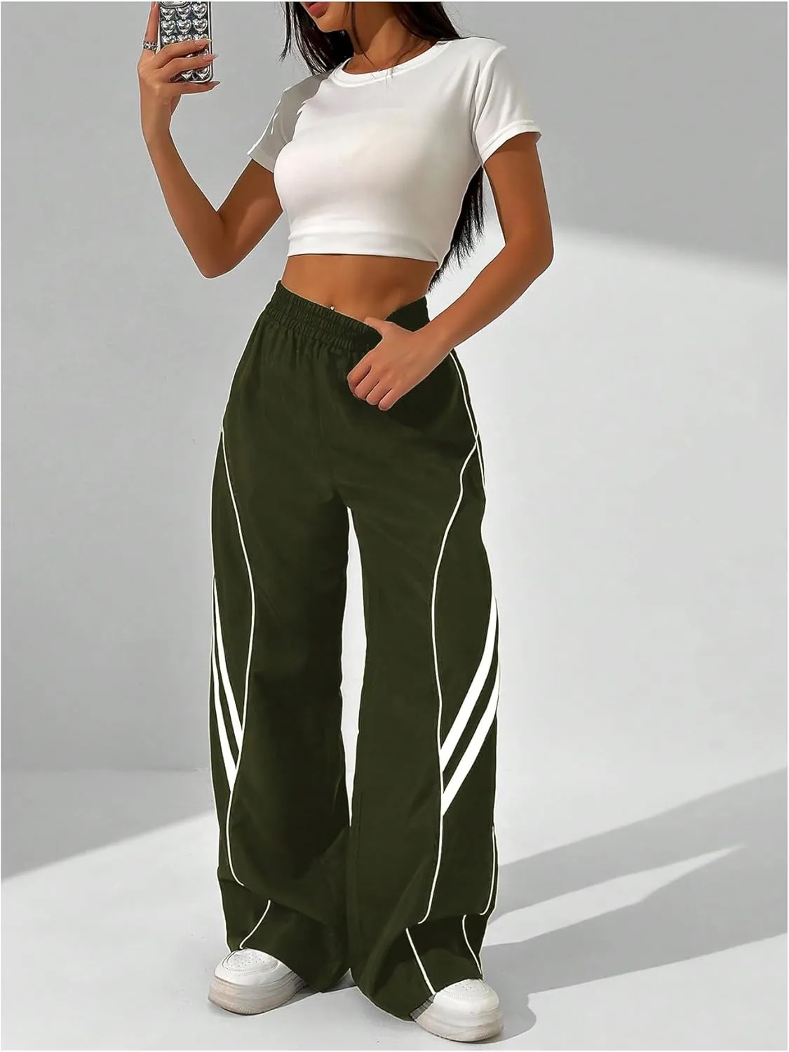 GORGLITTER Women's Y2k Elastic High Waisted Baggy Track Pants Vintage Wide Leg Parachute Trousers