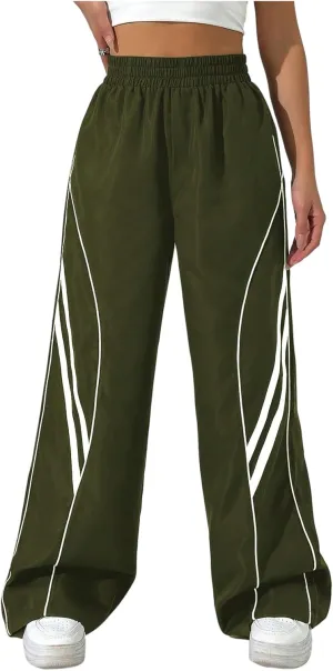 GORGLITTER Women's Y2k Elastic High Waisted Baggy Track Pants Vintage Wide Leg Parachute Trousers