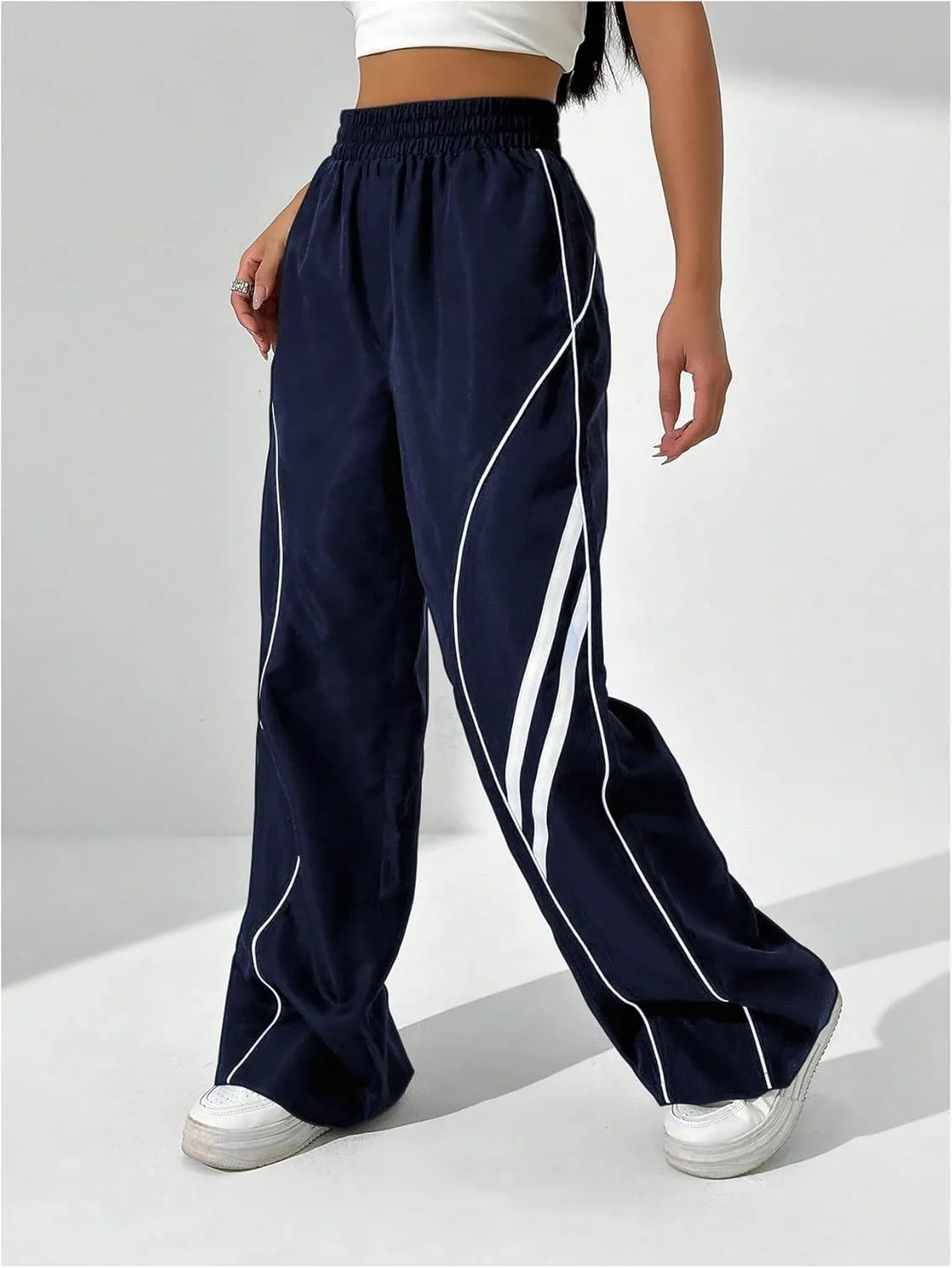 GORGLITTER Women's Y2k Elastic High Waisted Baggy Track Pants Vintage Wide Leg Parachute Trousers