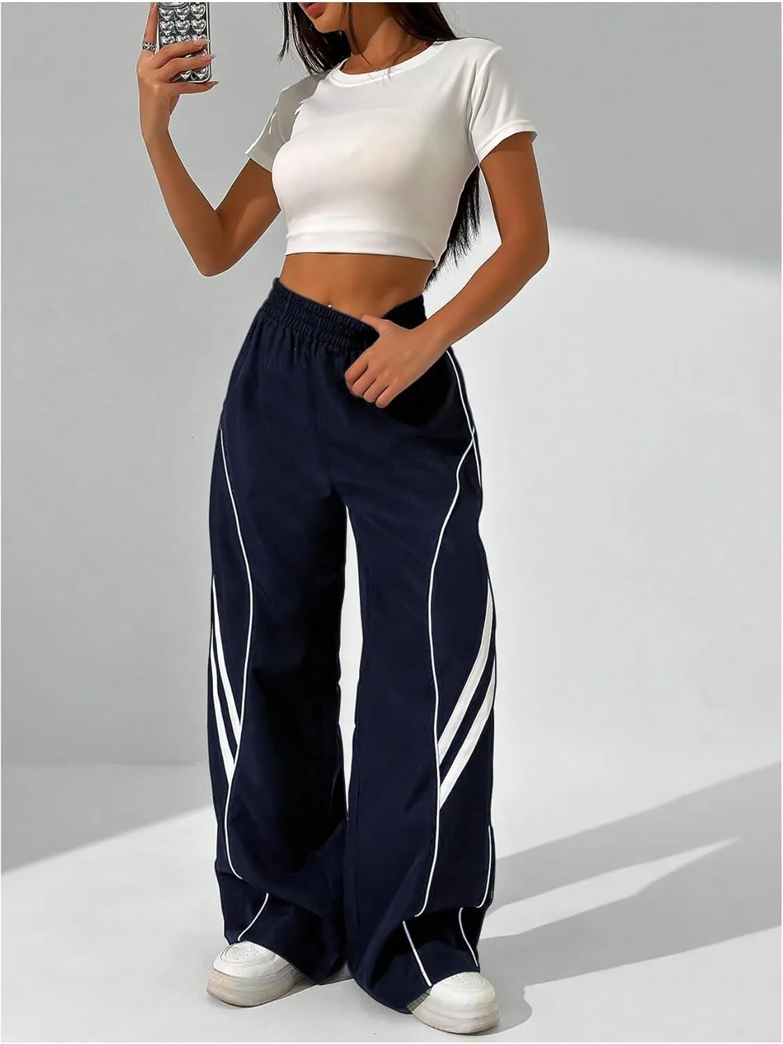 GORGLITTER Women's Y2k Elastic High Waisted Baggy Track Pants Vintage Wide Leg Parachute Trousers
