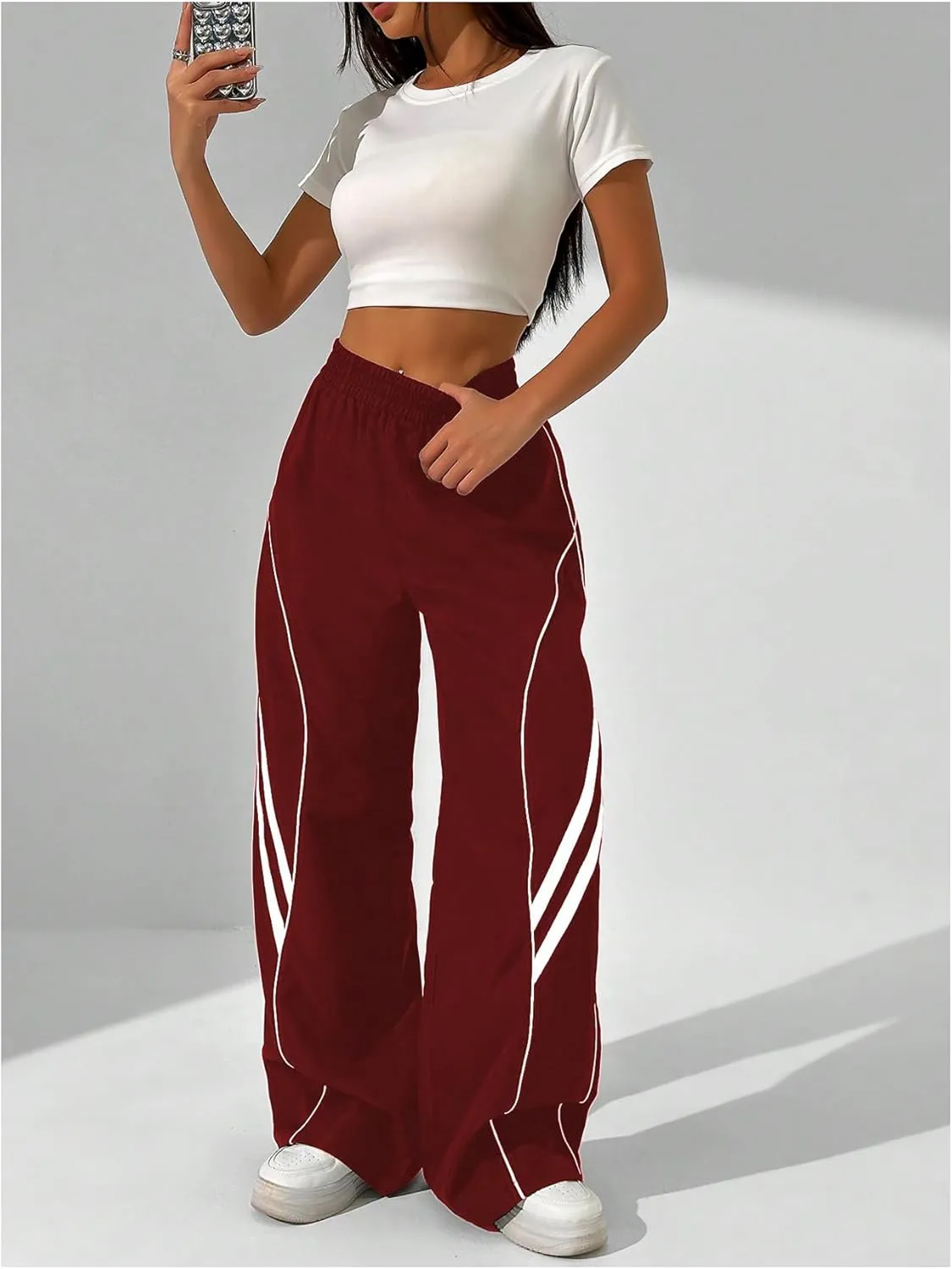 GORGLITTER Women's Y2k Elastic High Waisted Baggy Track Pants Vintage Wide Leg Parachute Trousers