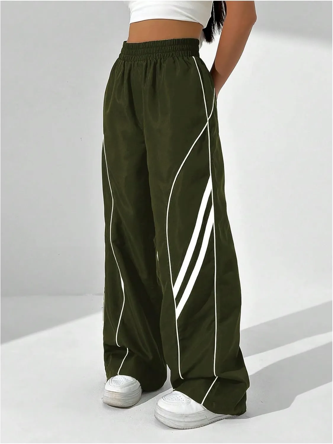 GORGLITTER Women's Y2k Elastic High Waisted Baggy Track Pants Vintage Wide Leg Parachute Trousers