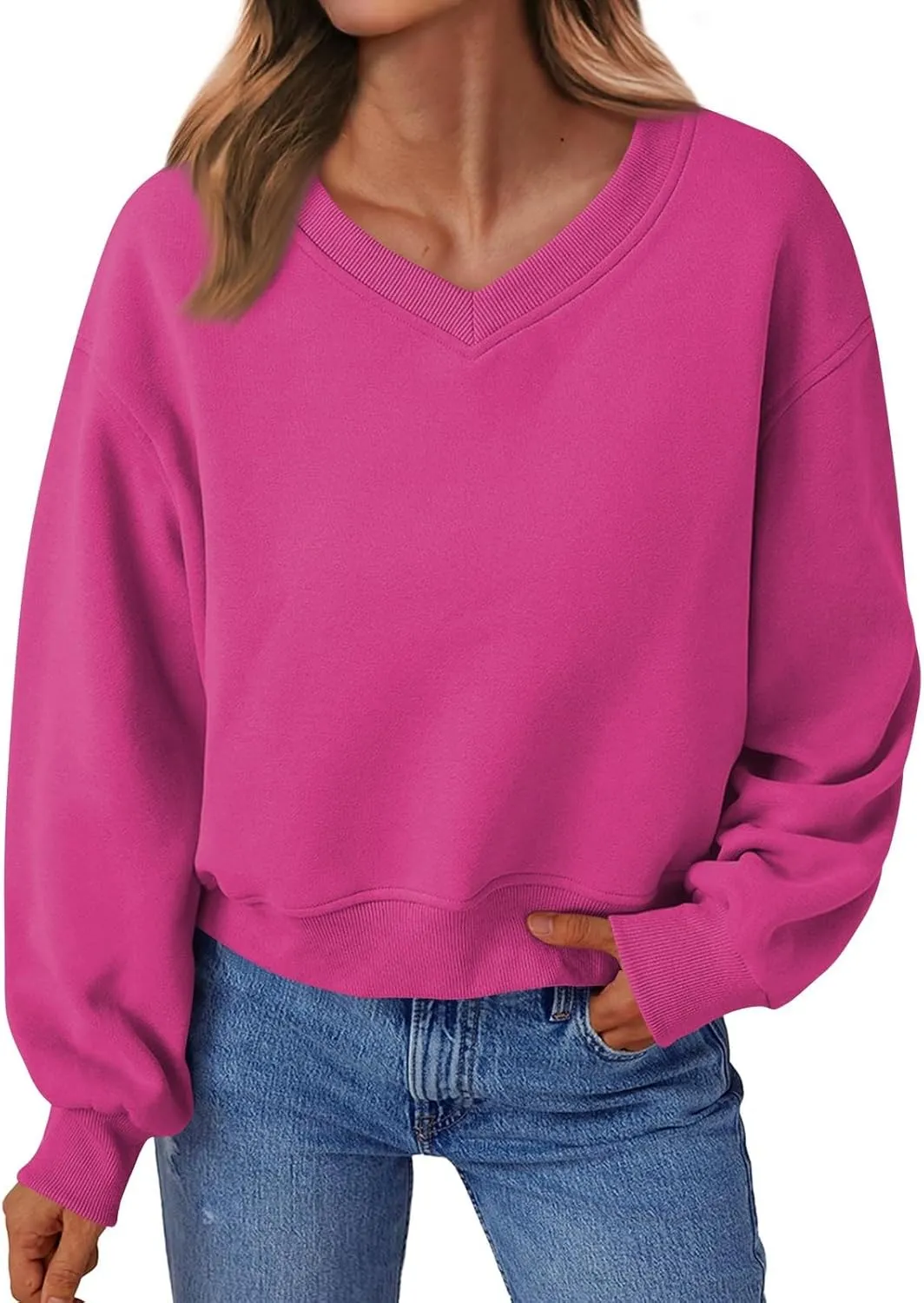Gumipy Oversized Sweatshirt for Women Trendy V Neck Cropped Sweatshirts Casual Long Sleeve Fleece Pullover Spring Outfits