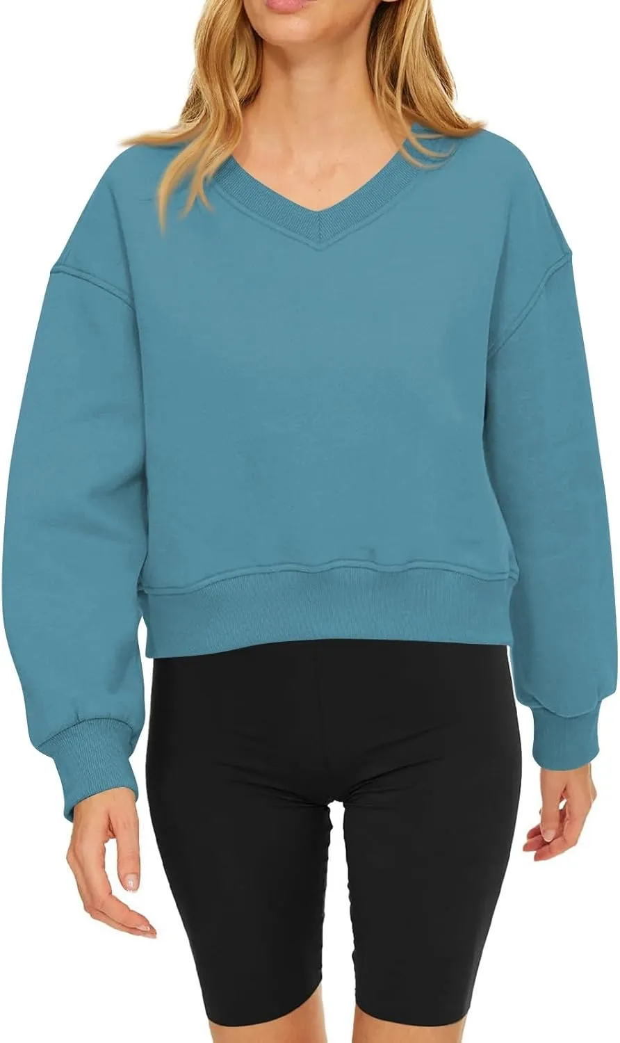 Gumipy Oversized Sweatshirt for Women Trendy V Neck Cropped Sweatshirts Casual Long Sleeve Fleece Pullover Spring Outfits