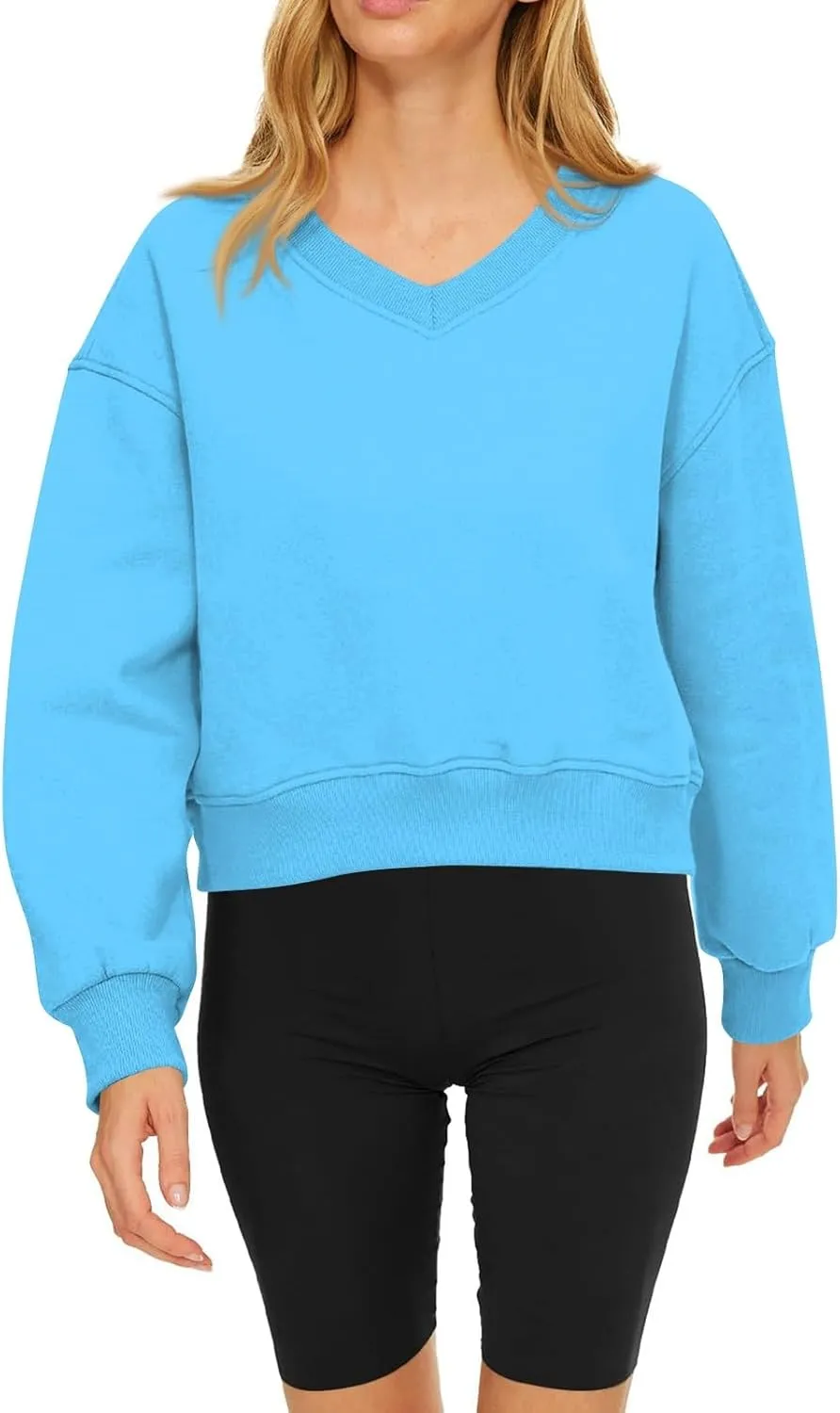 Gumipy Oversized Sweatshirt for Women Trendy V Neck Cropped Sweatshirts Casual Long Sleeve Fleece Pullover Spring Outfits